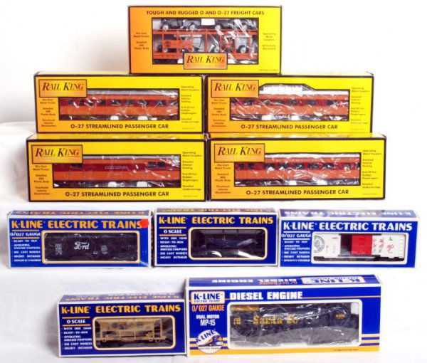 K-Line and MTH Rail King MP-15, freight and pass: Mixed lot of O gauge K-Line and MTH Rail King trains in original boxes, C7-9. K-Line: K-2233 (#2438) Santa Fe MP-15 diesel switcher, K-6405 TTOS boxcar, K-627502 Ford hopper, two K-6705 1988 TCA Natio