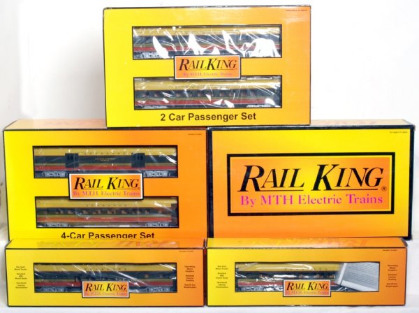 MTH Rail King Seaboard E-8 AA passenger trains: MTH Rail King O gauge 3 rail No. 30-2181-1 Seaboard E-8 AA diesel locomotive set with ProtoSound. 30-6703 4-car 60 foot streamlined passenger car set (baggage, coach, vista dome and observation), 30-6