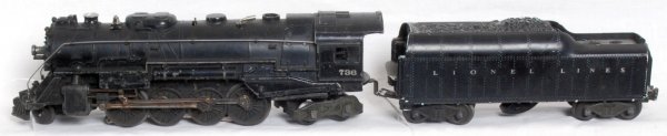 Lionel No. 736 2-8-4 loco and 2046W tender: Lionel No. 736 2-8-4 loco and 2046W tender with whistle. Loco looks nice clean C6. Tender has cracks, chips, screw crack and missing both rear steps, C4-5.