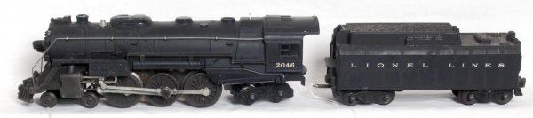 Lionel No. 2046 4-6-4 steam loco and 6026W tender: Lionel No. 2046 4-6-4 steam loco and 6026W tender with whistle. Loco is missing one marker light and has some touchups around a set of cab numbers. Tender has two spots of rust on underside of frame, 