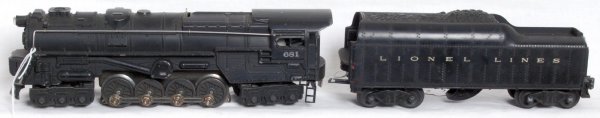 Lionel 681 6-8-6 steam loco and 2046W tender: Lionel postwar O gauge No. 681 6-8-6 steam locomotive and 2046W tender with whistle (hairline at screw), train looks nice C6 area.