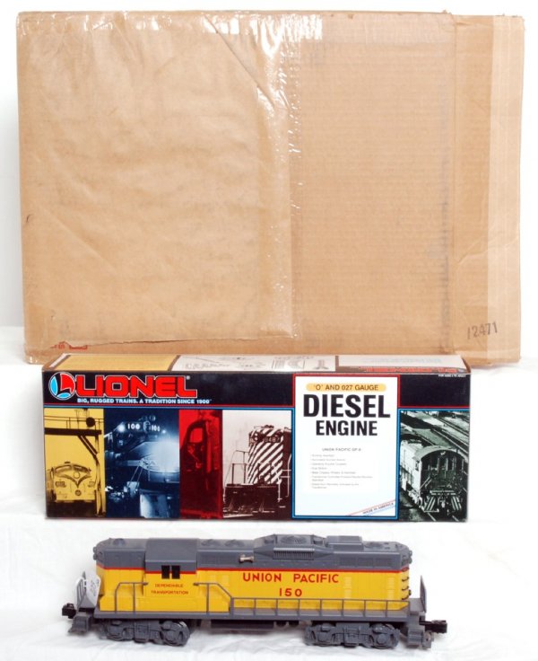 Lionel 18553 Sears No. 18817 U.P. GP-9 in OB: Lionel O gauge 18553 Sears No. 18817 Union Pacific GP-9 No. 150 diesel locomotive in original box, with display in factory sealed OB in shipper C8 due to having been run. Box shows no wear.