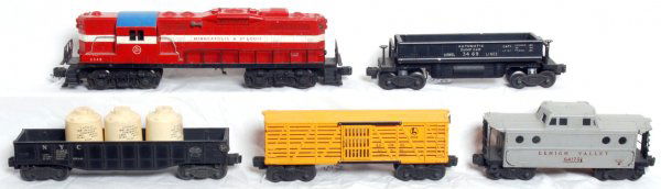Lionel No. 2348, 3469, 6462, 6656, 6417-50: Lionel postwar O gauge No. 2348 Minneapolis and St. Louis GP-9 diesel locomotive, 3469 automatic dump car, 6462 New York Central gondola, 6656 cattle car and 6417-50 gray Lehigh Valley porthole caboos