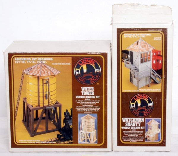Lionel 82104 water tower, 82106 watchman shanty: Two Lionel G scale accessory kits in OB. 82104 water tower and 82106 watchman shanty, both are opened but appear to be unassembled and complete with instructions sheets. Boxes show little wear, packin