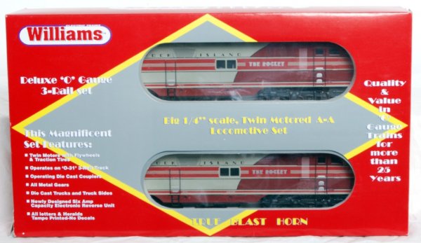Williams E7 1009 Rock Island E7 with True Blast II: Williams Electric Trains O gauge E7 1009 Rock Island E7 A units with True Blast II in original box. Trains look better but are graded C8 due to having been run. Box shows little wear, tear to an end f
