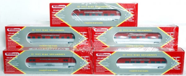 Williams Rock Island Golden Rocket aluminum cars: Williams O gauge Rock Island Golden Rocket 72 foot stream lined aluminum passenger cars in original boxes, C7-8. Boxes show little wear, some hand written notations. 6260 REA baggage, vista dome, two 