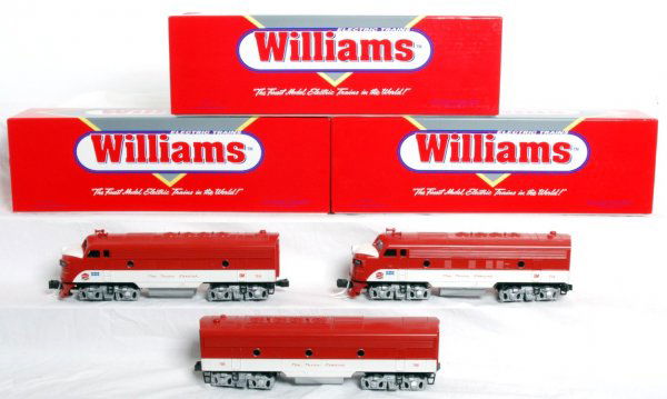 Williams MKT Texas Special F-7 A-B-A in OB: Williams O gauge MKT Texas Special F-7 diesel A-B-A units in original boxes, C7-8. Trains feature dual can motors in powered unit and True Blast II digital horn and bell and operating headlights in du