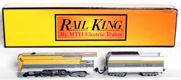 MTH Rail King 30-1161-1 C&O streamlined Hudson: MTH Rail King O gauge 30-1161-1 Chesapeake and Ohio streamlined 4-6-4 Hudson steam locomotive and tender with ProtoSound and ProtoSmoke, 3 rail, C9-10. Box has corner dings.