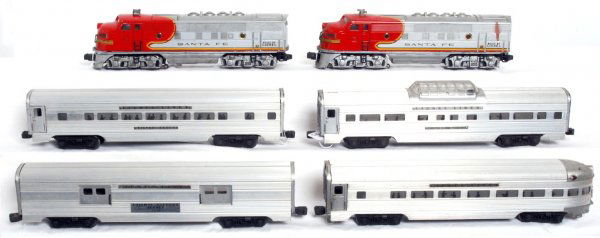 Lionel 2343 S.F. F3, 2530, 2531, 2532, 2533,: Postwar O gauge Lionel 2343 Santa Fe F3 diesel A units, 2530 REA baggage with dot head rivet plates, 2531 Silver Dawn observation with glued on name plates, missing one Silver Dawn plate, 2532 Silver