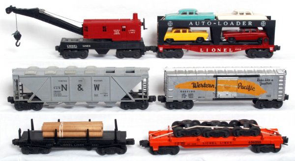Lionel 6414, 6446, 3451, 6362, 6464-100, crane: Lionel postwar O gauge 6414 Evans Auto-Loader with repro autos, 6446 Norfolk and Western covered cement car missing four roof hatches, 3451 lumber car w/logs, 6362 rail truck car with postwar truck as