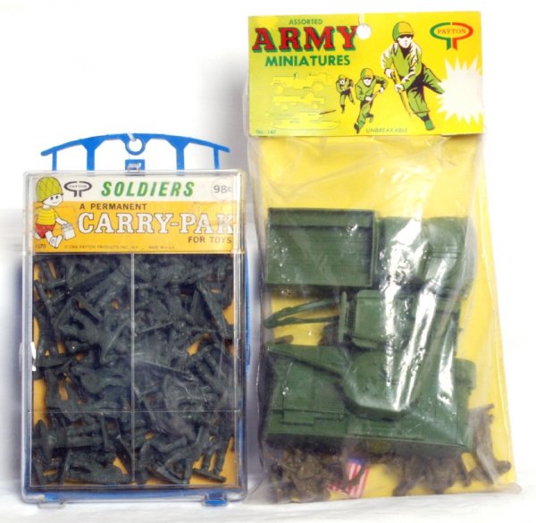 Payton No. 147 assorted Army miniatures on card: 1963 Payton No. 147 assorted Army miniatures in bag on card. Card has tear off price still attached. Card is very slightly curled. Rust on staples. Bag has a couple tiny punctures. Also included is 19