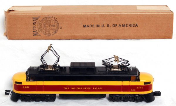 Gorgeous Lionel postwar 2351 Milwaukee, OB: Lionel postwar O gauge 2351 The Milwaukee Road electric, strong heat stamp decoration, NO rivet cracks, extremely faint test run basically most would say unrun. C9. OB C9.