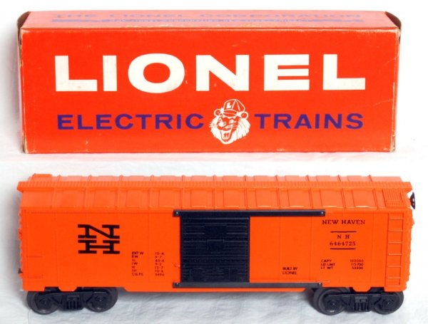 Mint Lionel 6464-725 New Haven boxcar, OB: Mint Lionel postwar O gauge 6464-725 New Haven boxcar, unrun, C9-10. OB C9-10.