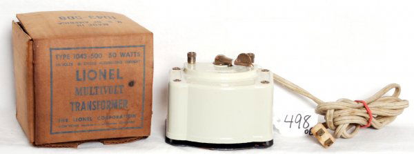 Lionel 1043-500 white GirlÕs Train transformer, OB: Lionel postwar O gauge 1043-500 white transformer for the 1957 GirlÕs Train set. Transformer has light surface rust on metal frame, shell and handles are really nice. Cord needs replaced. OB C7.
