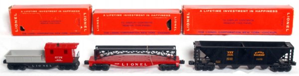 Lionel Nos. 6119-100, 6825, 6636 in OB: Lionel postwar O gauge No. 6119-100 Delaware, Lackawanna and Western work caboose, 6825 flatcar with trestle bridge and 6636 Alaska hopper, all in original boxes, C7-8. Boxes are bright and sharply pr