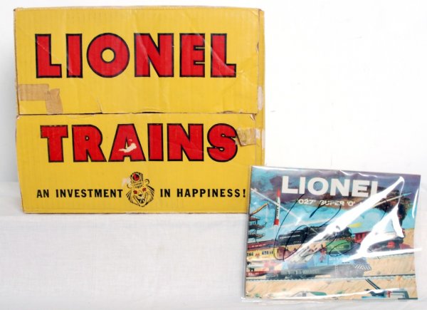Lionel No. 2531WS original set box, 637, 2046W: Lionel postwar Super O No. 2531WS empty set box only. Set consisted of 637 steam loco, 2046W tender with whistle, 3435 traveling aquarium car, 6817 flatcar with earth scraper, 6636 Alaska hopper, 6825