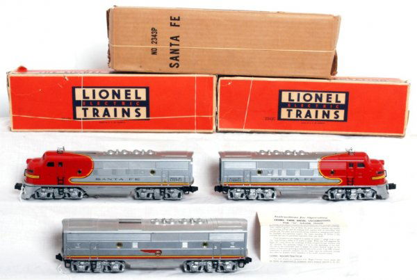 Lionel postwar 2343P, 2343C and 2343T in OB: Lionel postwar O gauge 2343P, 2343C and 2343T Santa Fe EMD F-3 A-B-A units in original boxes. Units are clean with screened roof vents and original porthole lens, nice C6-7. Original instructions shee