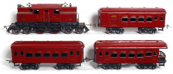 Ives wide gauge No. 3241, 184, 185, 186 passengers: Prewar Ives wide gauge electric loco No. 3241 with 184 buffet, 185 parlor car and 186 observation (missing coupler), passenger cars, nice C6+. Loco has some non-drive wheels that have very light casti