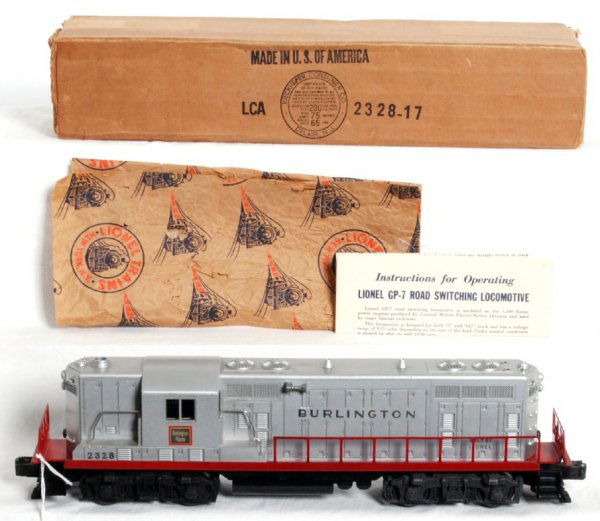 Lionel 2328 Burlington GP in OB, wrap, inst. sheet: Lionel postwar O gauge 2328 Burlington GP, nice graphics, C7. Includes OB that is nice but has flap repairs, instruction sheet and original wrap.