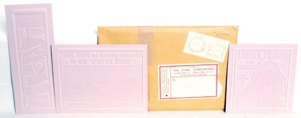 Lionel dealer ad mats in original envelope: Lionel dealer advertising mats. Three ad mats are- For Out of This World Lionel Accessories with 3413, 6512, 3470 and 3349. LIONEL TRAINS and Operating Accessories for REAL SPACE AGE ACTION. LIONEL TR