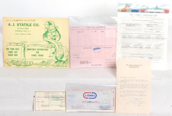 Lionel dealer and factory paper, letterhead etc: Lionel dealer or factory paper items including a Lionel payroll check to Leonard Dean from 1969. A 1962 order form. November 24, 1959 visit request and approval form for secret military stuff. A 1967 