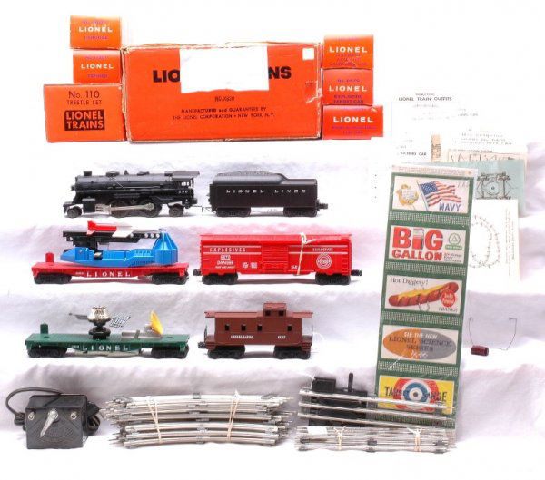 Lionel Freight Set no. X629 & 110 Trestle Set MIB: Lionel postwar freight set no. X629, promotional outfit for J & R Auto Stores, circa 1961 in individual OBs and set box including; 236 black 2-4-2 steam loco, 1130T tender, 3519 automatic satellite la