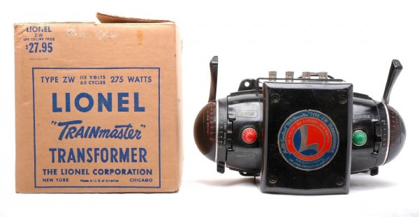 Lionel Type ZW 275-Watt Transformer LN OB: Lionel postwar type ZW 275-watt transformer with three original cardboard inserts and inspection tag in OB, C8. The box is missing the small top insert. The OB is sealed on the bottom and has bright p