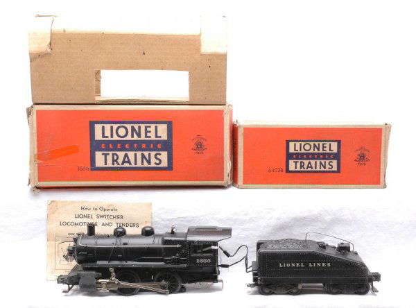 Lionel 1656 Switcher w/6403B Tender LN OBs: Lionel postwar 1656 steam 0-4-0 switcher in OB that has an original cardboard inserts and instructions with a 6403B slope back tender with bell in OB. The top of the cab roof has been repainted, other
