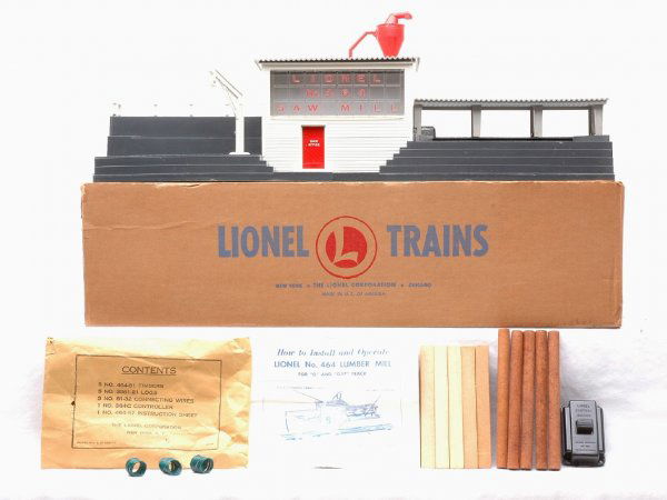 Lionel 464 Lumber Mill Complete in Box LIKE NEW: Lionel postwar 464 Lumber Mill with packet, 364C controller, three connecting wires, wood load and instruction sheet in OB, C8. The OB has tape repair and the bottom edge of one side is separated.