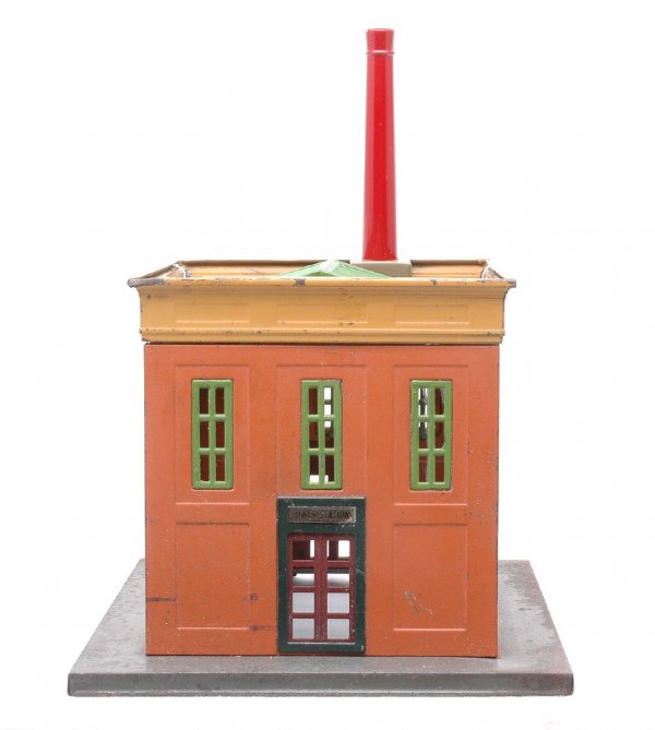 Lionel 436 Power Station w/Reproduction Parts: Lionel prewar 436 power station with a gray base, terra cotta walls, and mustard roof cornices. The station has a reproduction skylight, chimney base and chimney stack. The rest of the station is C5.