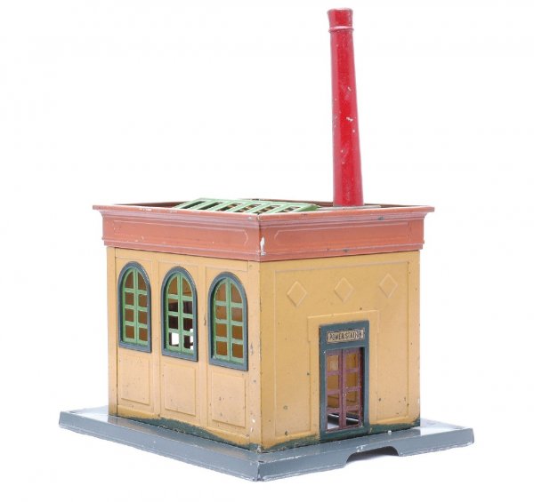 Lionel Prewar 435 Power Station Mustard Walls: Lionel Prewar 435 power station with gray base, mustard walls, terra cotta cornices, pea green skylight and window inserts, Mojave chimney base and red chimney stack. The top of the base may have been