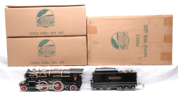 MTH Repro Lionel 385E loco 392T Tender LN OBs: MTH reproduction of a Lionel prewar standard gauge 385E steam loco and 392T twelve wheel tender in OB with outer master carton. The loco and tender are C8.