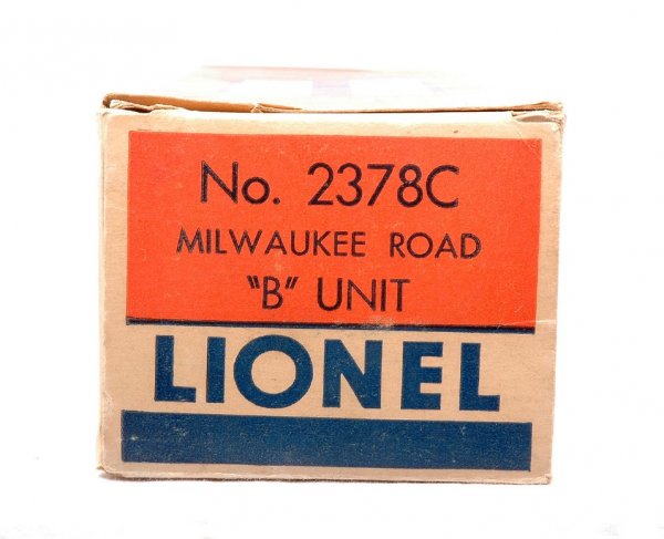 Lionel Original Box ONLY for 2378C F3 B Unit: Lionel postwar original box only for a 2378C Milwaukee Road F3 B unit. The OB has all flaps attached and there is a little bit of writing on one side, C8.