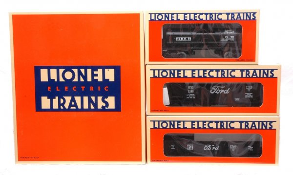 Lionel 1994 TTOS Ford Freights 52029 52030 520031: Lionel 1994 TTOS Ford freight cars in individual OBs and master carton including; 52029 tank, 52030 gondola and 52031 hopper, C10.