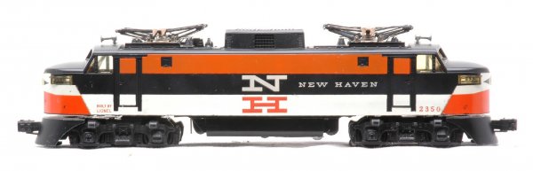 Lionel 2350 New Haven EP-5 Electric Diesel: Lionel postwar 2350 New Haven EP-5 electric diesel with decaled nose trim. The battery cover has been replaced. Decals have a few minor flakes, otherwise loco is C7-8.