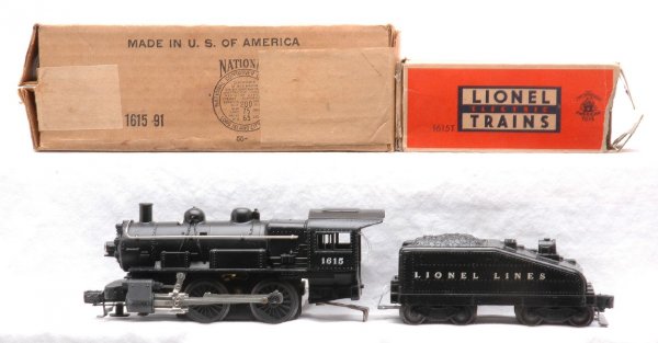 Lionel 1615 Black Steam Loco w/1615 Tender LN OB: Lionel postwar 1615 black 0-4-0 steam loco with a 1615T slope back tender, both in OBs. The loco and tender are C8. The loco OB has all flaps and the tender OB is missing one end flap.