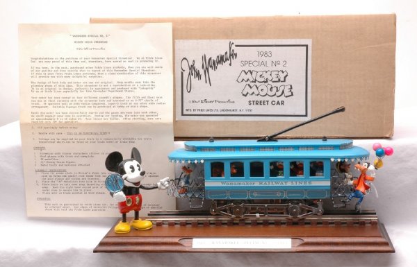Pride Lines John Wanamaker 1983 Trolley MINT: Pride Lines John Wanamaker 1983 special no. 2 Mickey Mouse trolley with a display board that has a plaque, C9.