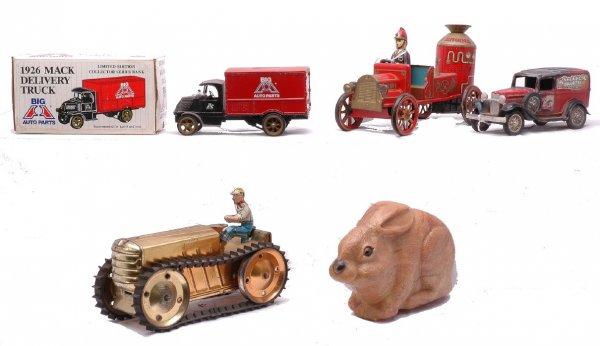 Tin Litho Vehicles Ertl Vehicles Plastic Bunny: Tin lithographed fire truck, tin lithographed tractor, plastic wind-up bunny, Ertl vintage truck and Ertl 1926 Mack delivery truck in OB. Please view photo to verify selection and condition.