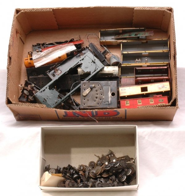 Lionel Selection Part and MTH Tyco Transformers: Lionel prewar selection of freight car bodies, frames, trucks and miscellaneous parts for restoration. Also included are wires and Lionel, K-Line, MTH and Tyco transformers. Please view photo to verif