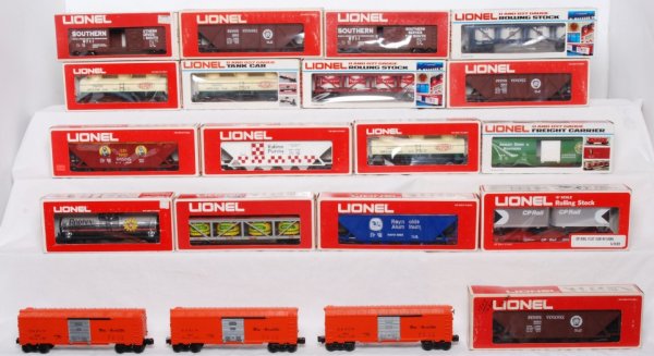 Lot of 20 Lionel cars: Lot includes two 9711 Southern boxcars in OBs, Three 9263 Pennsylvania covered hoppers in OBs, Three 9148 Dupont tank cars in OBs, 9106 Miller Lite Vat in OB, 9193 Budwiser Vat in OB, 9439 Ashley Drew
