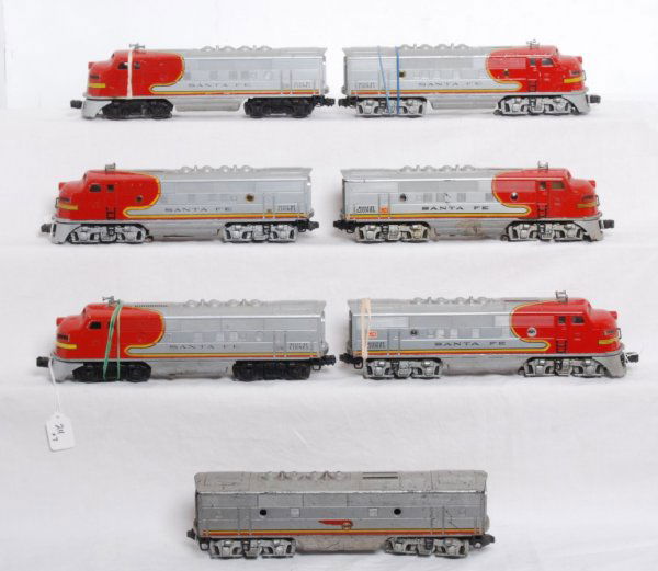 Lionel 2343, 2333, 2333, 3283, 2383, 2343, 2343C: Nice lot of postwar Lionel O gauge EMD F3 A and B units; 2343P, 2333P, 2333T, 2383P, 2383T, 2343T, 2343C. Some original porthole lens, some screened roof vents, some missing porthole lens, some missin