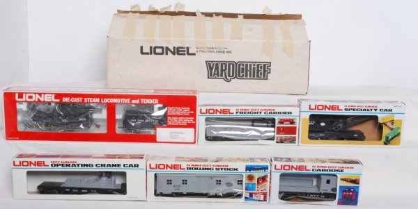 Lionel 1502 Yard Chief Set: Lionel 1502 Yard Chief freight set in original box, C7-8. Set consists of: 8516 NYC 0-4-0 steam loco and tender, 5735 NYC bunk car, 6529 NYC searchlight, 6579 NYC crane, 6260 NYC gondola w/canisters a
