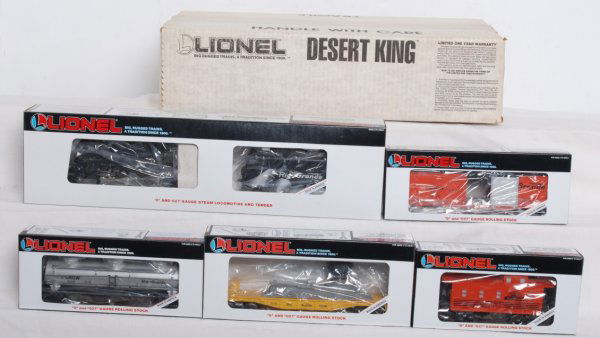 Lionel Desert King Set: Lionel 1758 Desert King freight set in original boxes, C8. Set consists of: 18608 D&RG 2-6-4 steam loco and tender, 16616 D&RG searchlight, 16105 D&RG tank car, 16206 D&RG boxcar and 16509 D&RG caboos