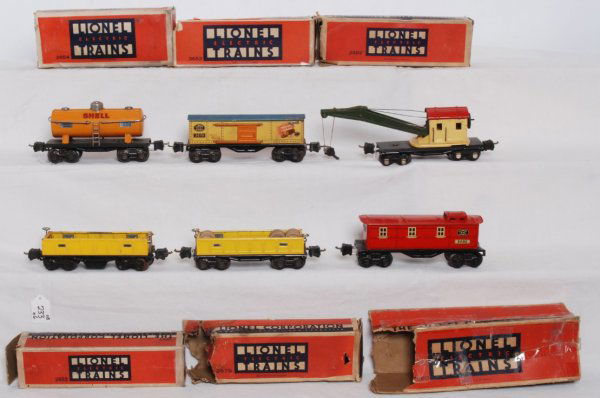 Prewar Lionel O gauge freight cars in OB: Prewar Lionel O gauge freight cars in original boxes, C6 area. Boxes are square with some missing flaps, some tears, some wear, etc. 3652 remote control gondola, 2652 gondola, 2654 Shell tank, 2679 Ba