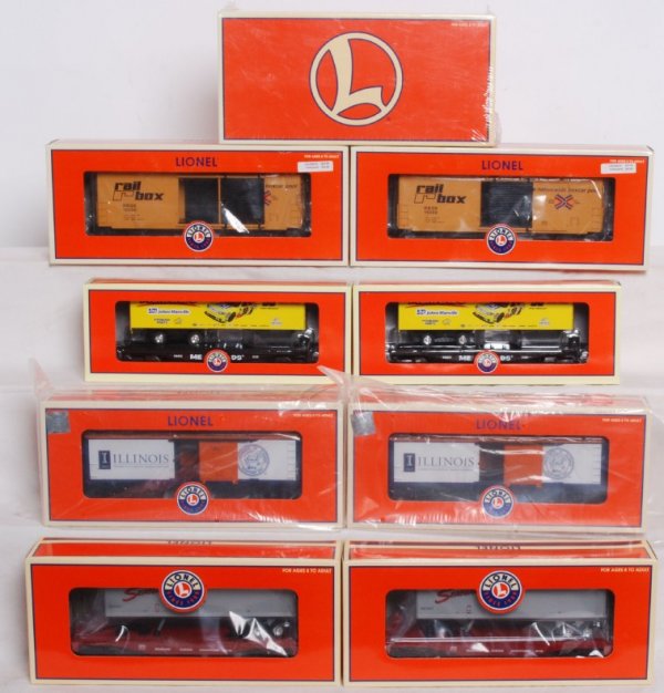 Lot of 10 modern Lionel flatcars and boxcars: Lot includes two 26043 Seaboard flatcars, two 39286 University of Illinois boxcars, two 36273 Railbox Hi-Cubes two 26613 Menards flatcar with trailers, and a sealed 36026 JB hunt two pack. All cars in