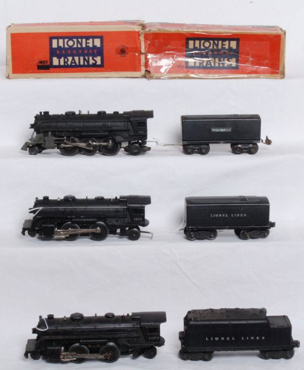 Lionel 1654, 2466W, 1655, 6654W, 224, 1689W: Lionel pre and post war O gauge steam locomotives and tenders: 1654, 2466W, 1655, 6654W, 224 and 1689W. 1689W is missing a journal, 2466W is missing loco coupler and has cracked shell and 6654W has be