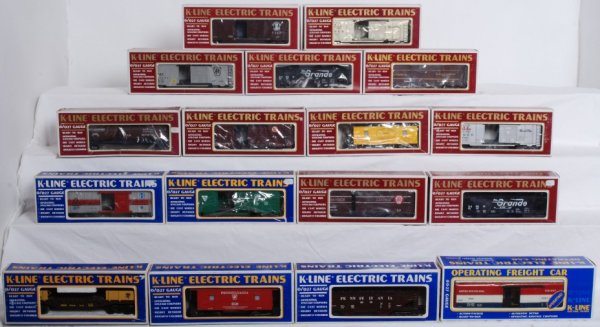 Lot of 17 K Line cars 5312,6628, 7508: Lot includes K Line cars 5312 Pennsylvania hopper, 6139 Pennsylvania caboose, 6628 W.A.R.R cannon car, 5113 Santa Fe refrigerator car, 6407 Pennsylvania boxcar, 1891 PRR boxcar, 6280 Rio Grande hopper
