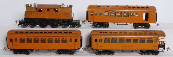 Ives 3243 electric loco w/187-1, 188-1, 189-1: Great looking Ives prewar 3243 New York Central and Hudson River standard gauge electric locomotive with three nice passenger cars, 187-1 Buffet, 188-1 Parlor car and 189-1 Observation. Passenger cars