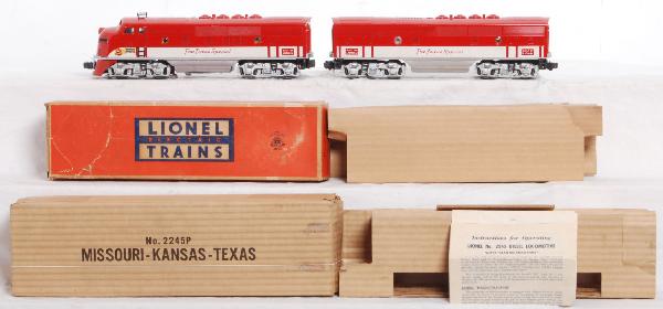 Lionel postwar 2245P and 2245C in OB MKT F3: Postwar O gauge Lionel No. 2245P and 2245C MKT F3 A-B diesel units with original instructions sheet in original boxes that have inserts. Powered unit looks C7, B unit looks C7+. 2245P OB looks C8+, in