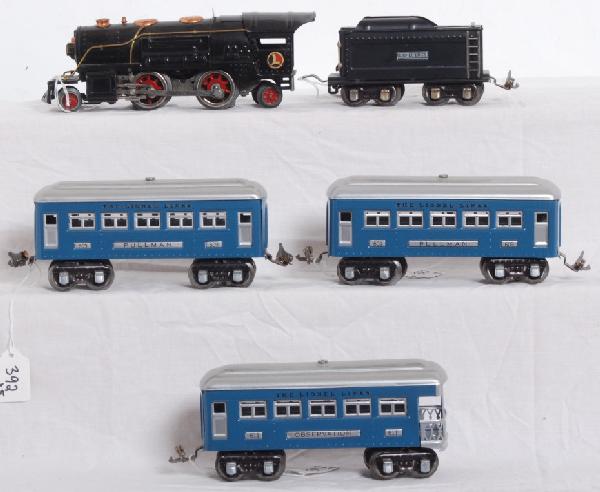 Prewar Lionel 259E loco, tender, 609, 609, 611: Prewar Lionel O gauge 259E steam locomotive and tender with two 609 Pullman coaches and a 611 observation, passenger cars. Loco is original C6, tender and cars are repainted C6+ area.